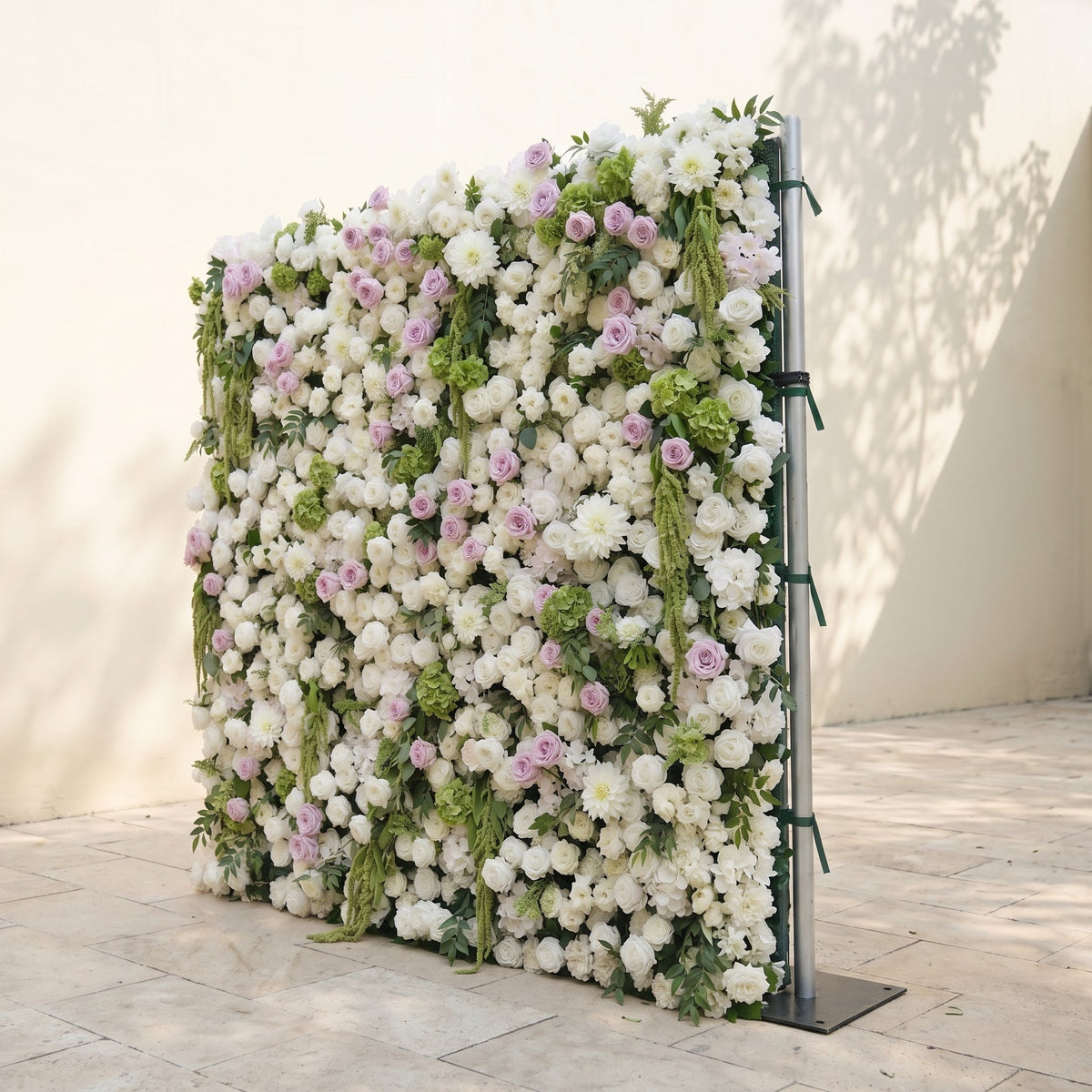 Jollyra:5D Blush Lavender Pink & Ivory White Silk Rose Flower Wall Roll-Up Fabric Backdrop with Lush Greenery for Romantic Weddings & Proposals