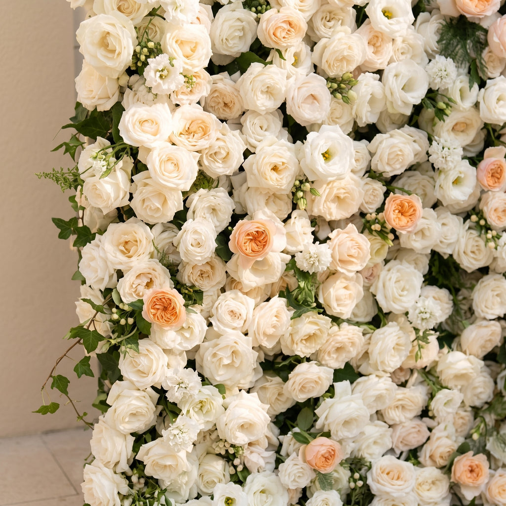 Karellora:5D Cream Ivory White Silk Rose Flower Wall Roll-Up Fabric Backdrop with Soft Peach Accents for Romantic Weddings & Proposals