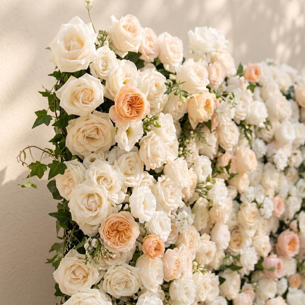 Karellora:5D Cream Ivory White Silk Rose Flower Wall Roll-Up Fabric Backdrop with Soft Peach Accents for Romantic Weddings & Proposals