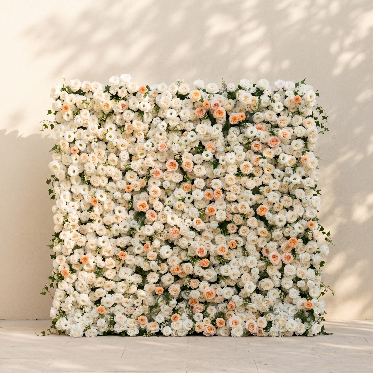 Karellora:5D Cream Ivory White Silk Rose Flower Wall Roll-Up Fabric Backdrop with Soft Peach Accents for Romantic Weddings & Proposals