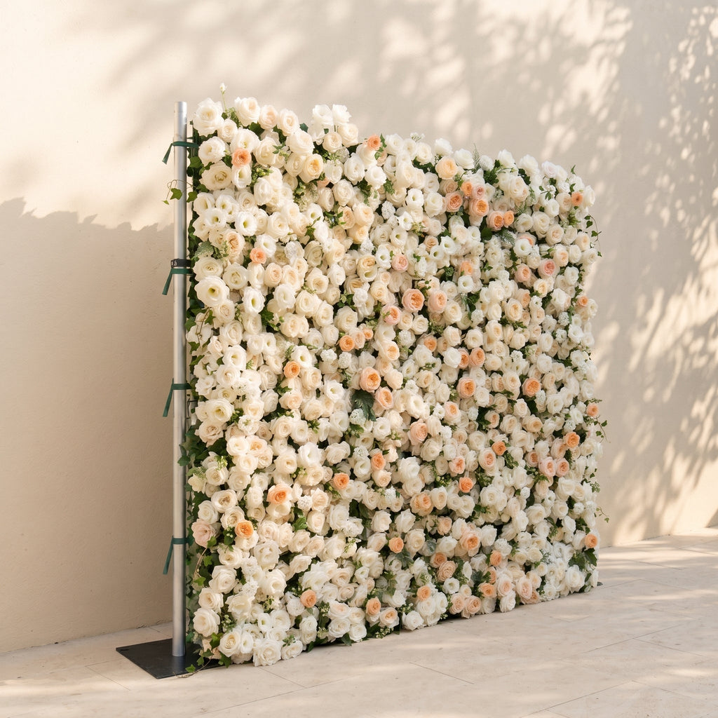 Karellora:5D Cream Ivory White Silk Rose Flower Wall Roll-Up Fabric Backdrop with Soft Peach Accents for Romantic Weddings & Proposals