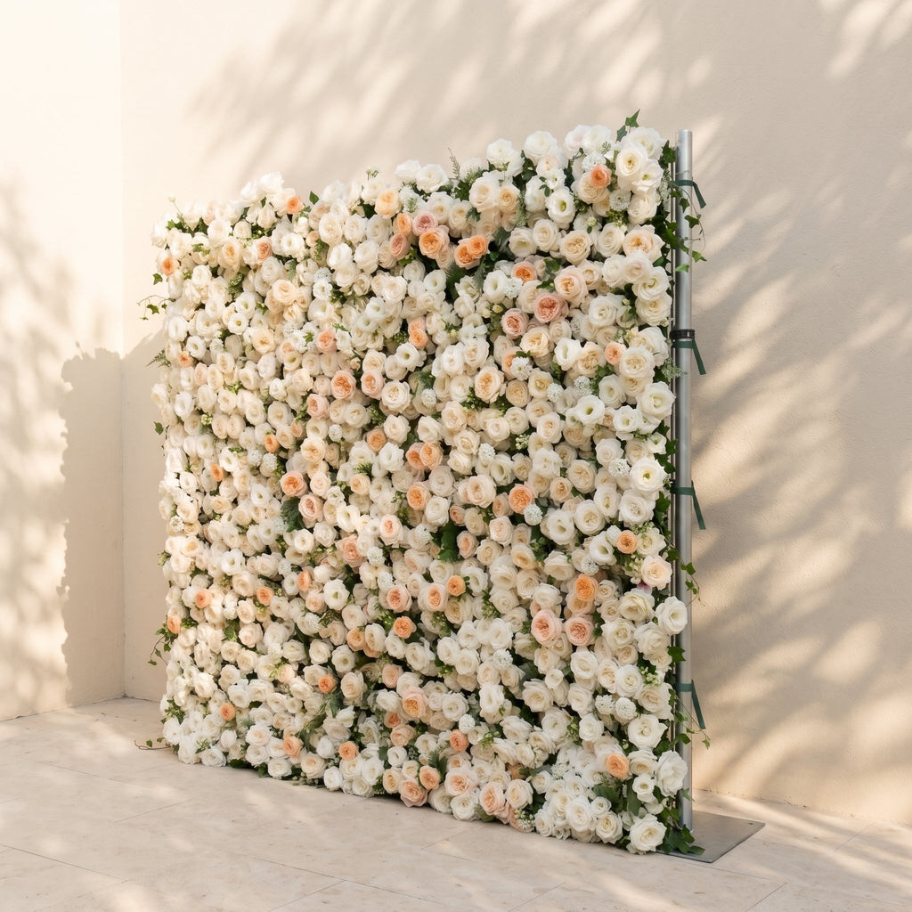 Karellora:5D Cream Ivory White Silk Rose Flower Wall Roll-Up Fabric Backdrop with Soft Peach Accents for Romantic Weddings & Proposals