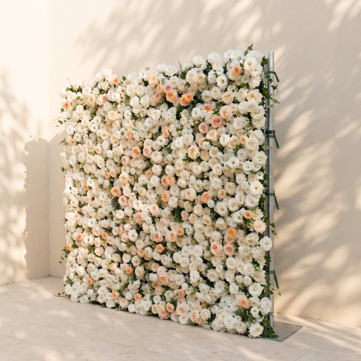 Karellora:5D Cream Ivory White Silk Rose Flower Wall Roll-Up Fabric Backdrop with Soft Peach Accents for Romantic Weddings & Proposals