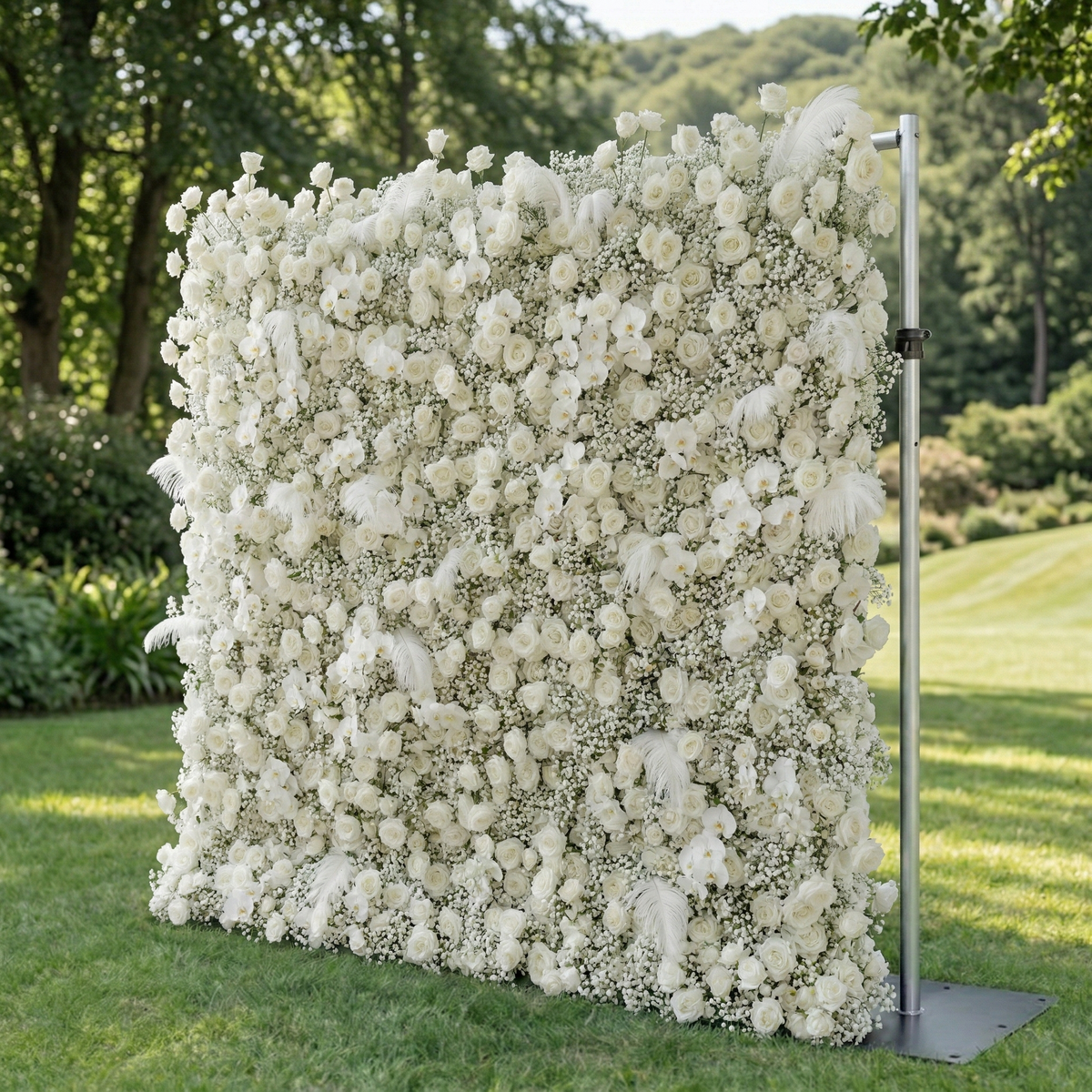 Lachlan: 5D Pure White Baby's Breath & Silk Rose Flower Wall Roll-Up Fabric Backdrop for Dreamy Wedding & Proposal