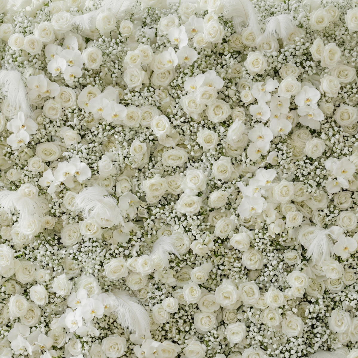 Lachlan: 5D Pure White Baby's Breath & Silk Rose Flower Wall Roll-Up Fabric Backdrop for Dreamy Wedding & Proposal