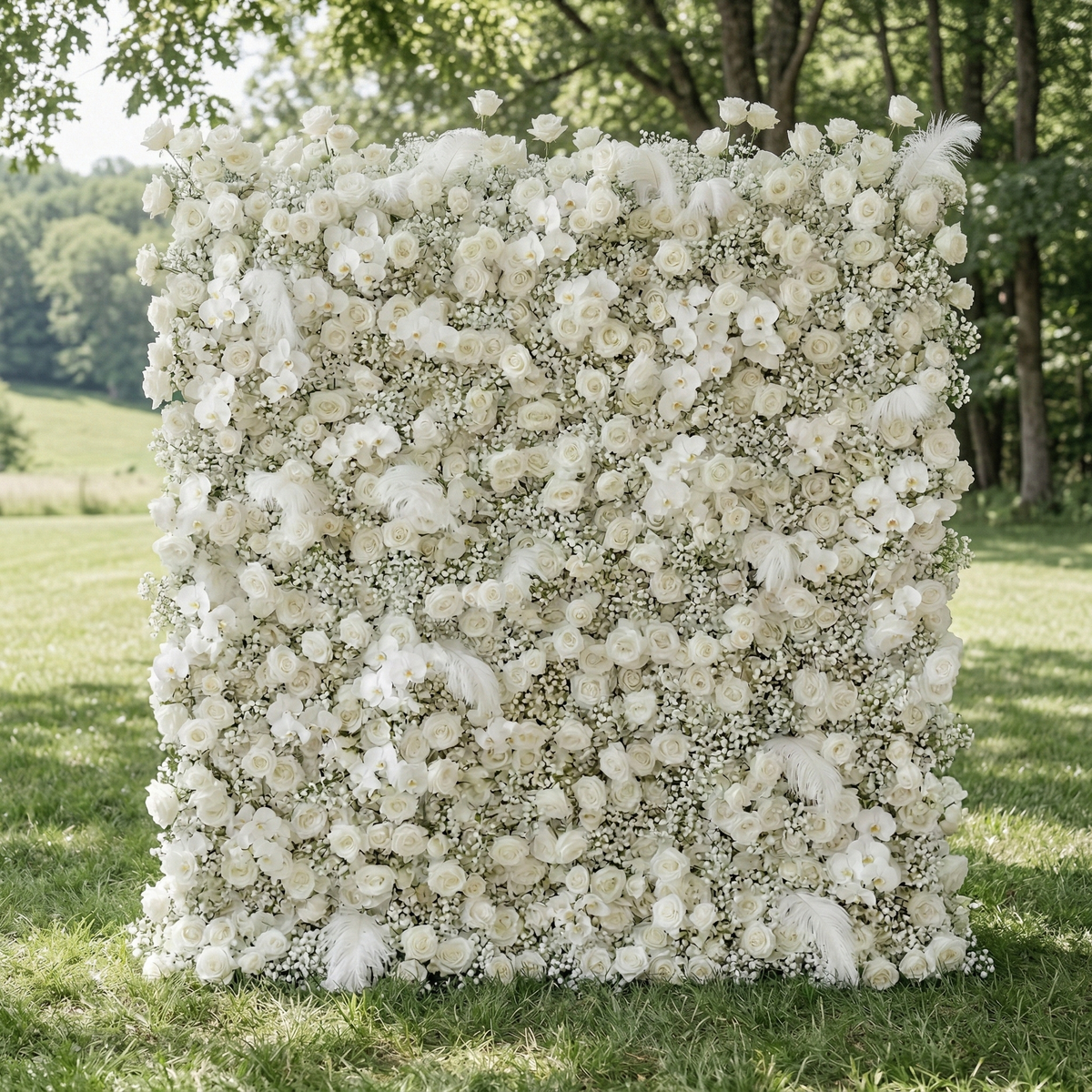 Lachlan: 5D Pure White Baby's Breath & Silk Rose Flower Wall Roll-Up Fabric Backdrop for Dreamy Wedding & Proposal