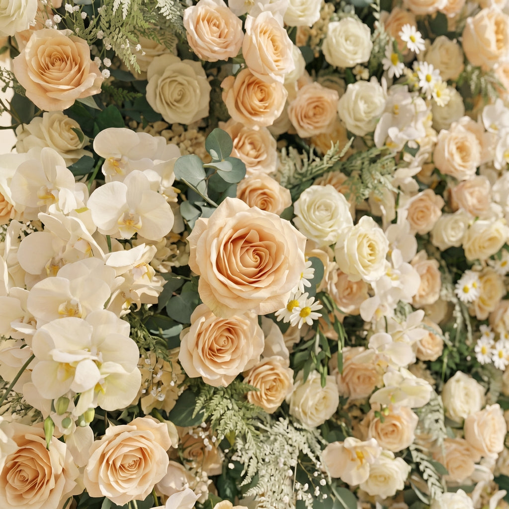 Larena:Luxury 5D Cream & Champagne Silk Floral Wall Roll-Up Backdrop for Timeless Romantic Weddings