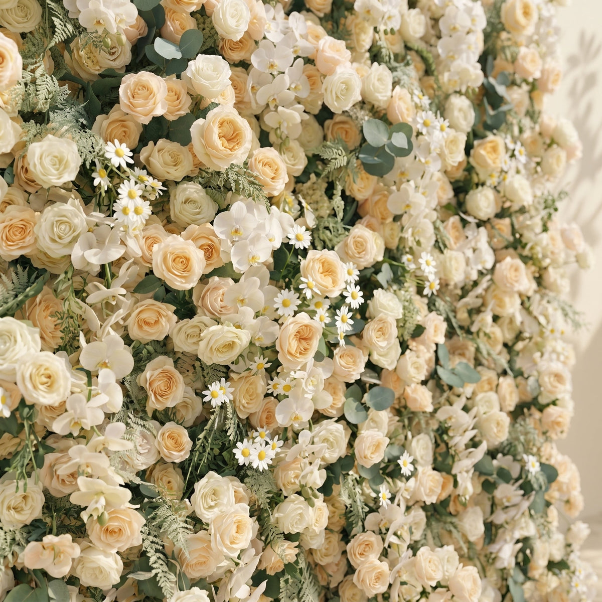 Larena:Luxury 5D Cream & Champagne Silk Floral Wall Roll-Up Backdrop for Timeless Romantic Weddings
