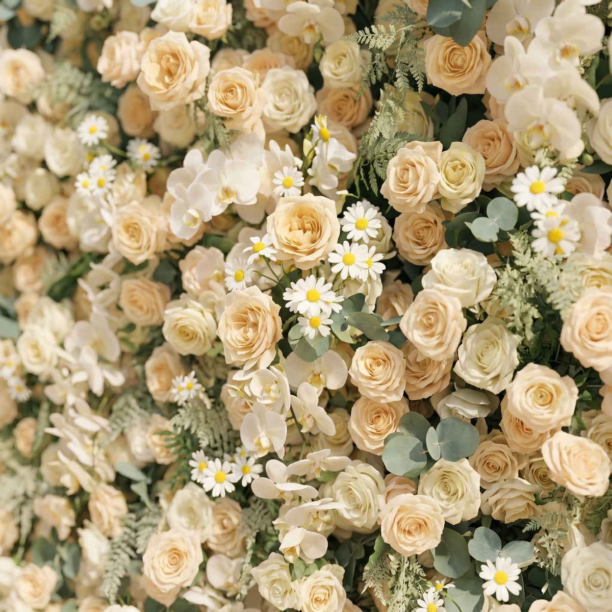 Larena:Luxury 5D Cream & Champagne Silk Floral Wall Roll-Up Backdrop for Timeless Romantic Weddings