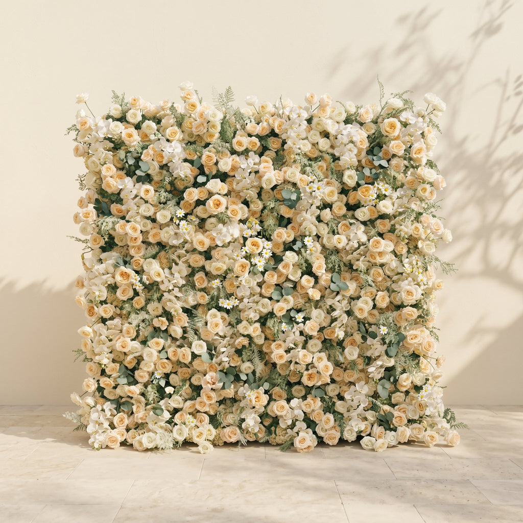 Larena:Luxury 5D Cream & Champagne Silk Floral Wall Roll-Up Backdrop for Timeless Romantic Weddings