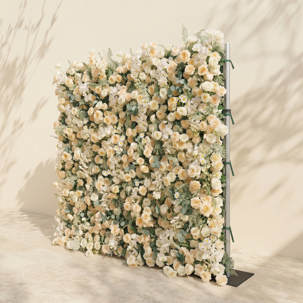 Larena:Luxury 5D Cream & Champagne Silk Floral Wall Roll-Up Backdrop for Timeless Romantic Weddings