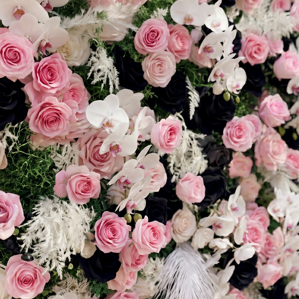 Larorae: Luxury 5D Black & Blush Pink Silk Floral Wall Roll-Up Backdrop for Edgy Romantic Weddings