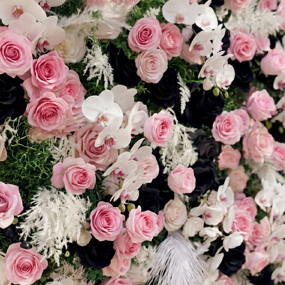 Larorae: Luxury 5D Black & Blush Pink Silk Floral Wall Roll-Up Backdrop for Edgy Romantic Weddings