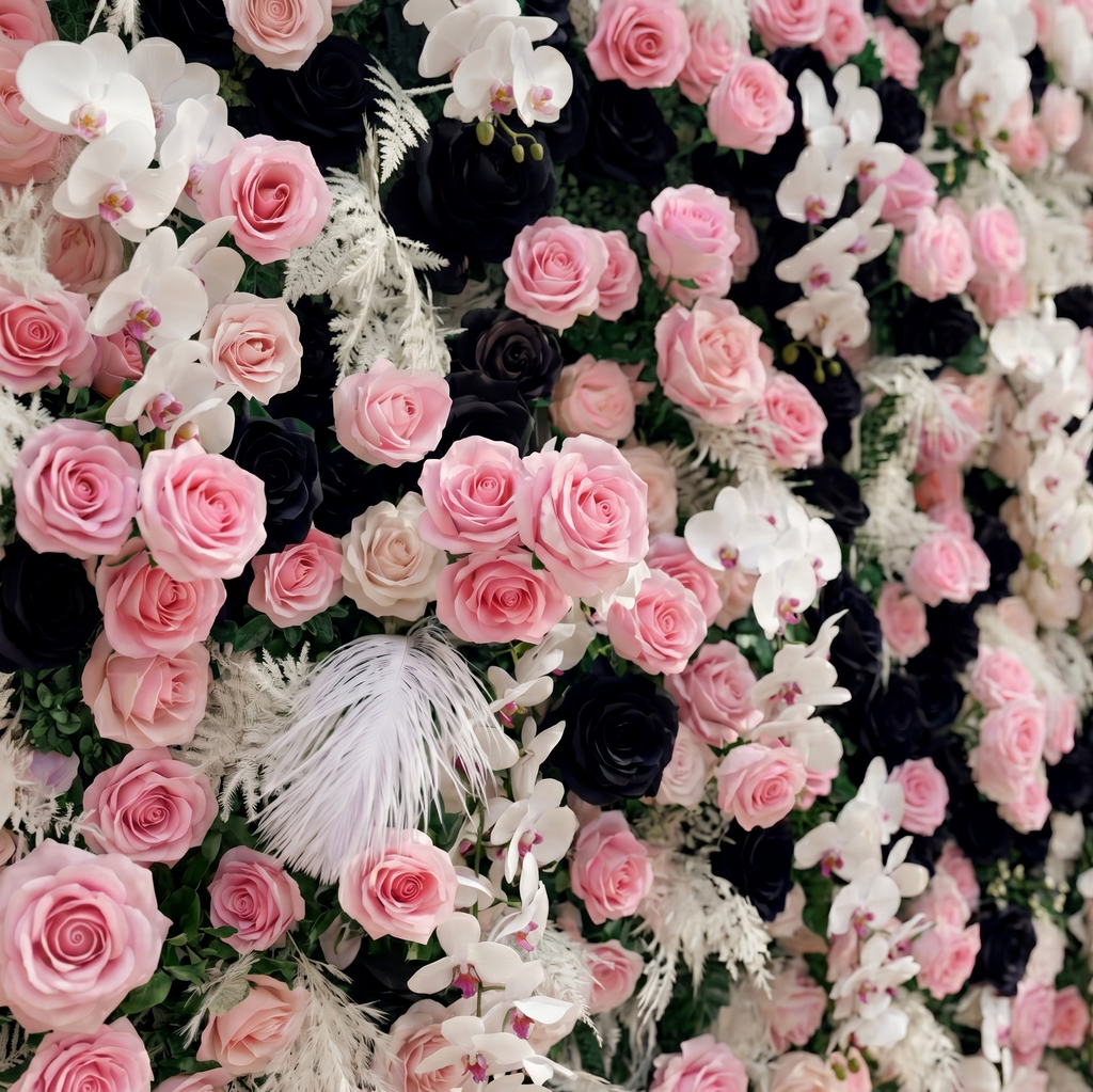 Larorae: Luxury 5D Black & Blush Pink Silk Floral Wall Roll-Up Backdrop for Edgy Romantic Weddings