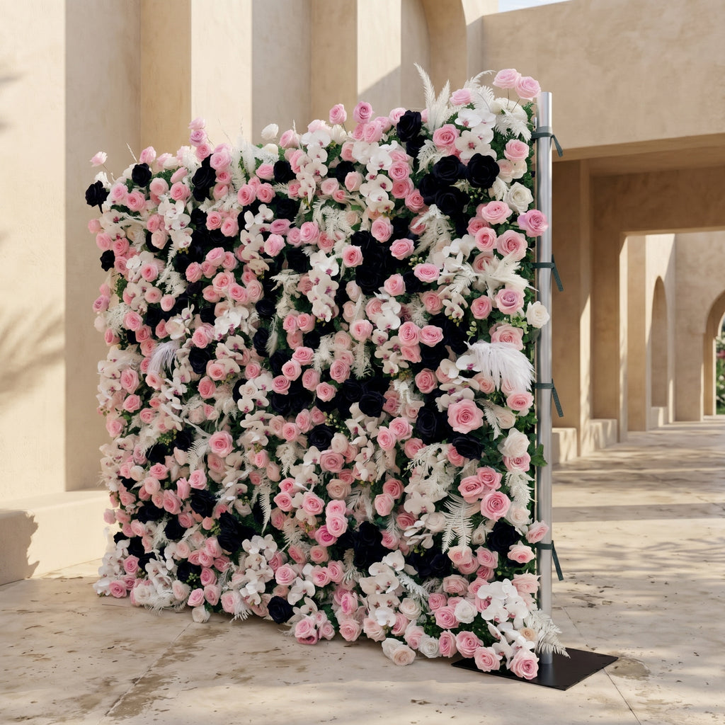 Larorae: Luxury 5D Black & Blush Pink Silk Floral Wall Roll-Up Backdrop for Edgy Romantic Weddings