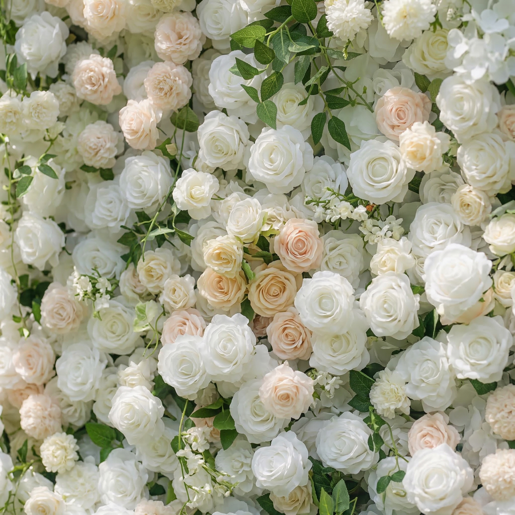Lioraen: 5D Timeless Ivory and Light Champagne Flower Wall with Hanging Greenery Roll-Up Fabric Backdrop for Garden Party & Event