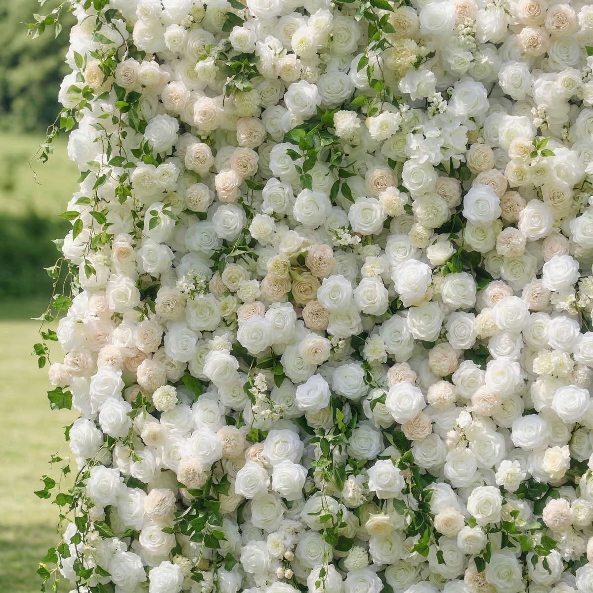 Lioraen: 5D Timeless Ivory and Light Champagne Flower Wall with Hanging Greenery Roll-Up Fabric Backdrop for Garden Party & Event