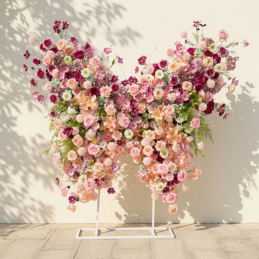 Lumeria: Exquisite Blush & Berry Butterfly-Shaped Flower Wall for Luxury Events & Parties Backdrop