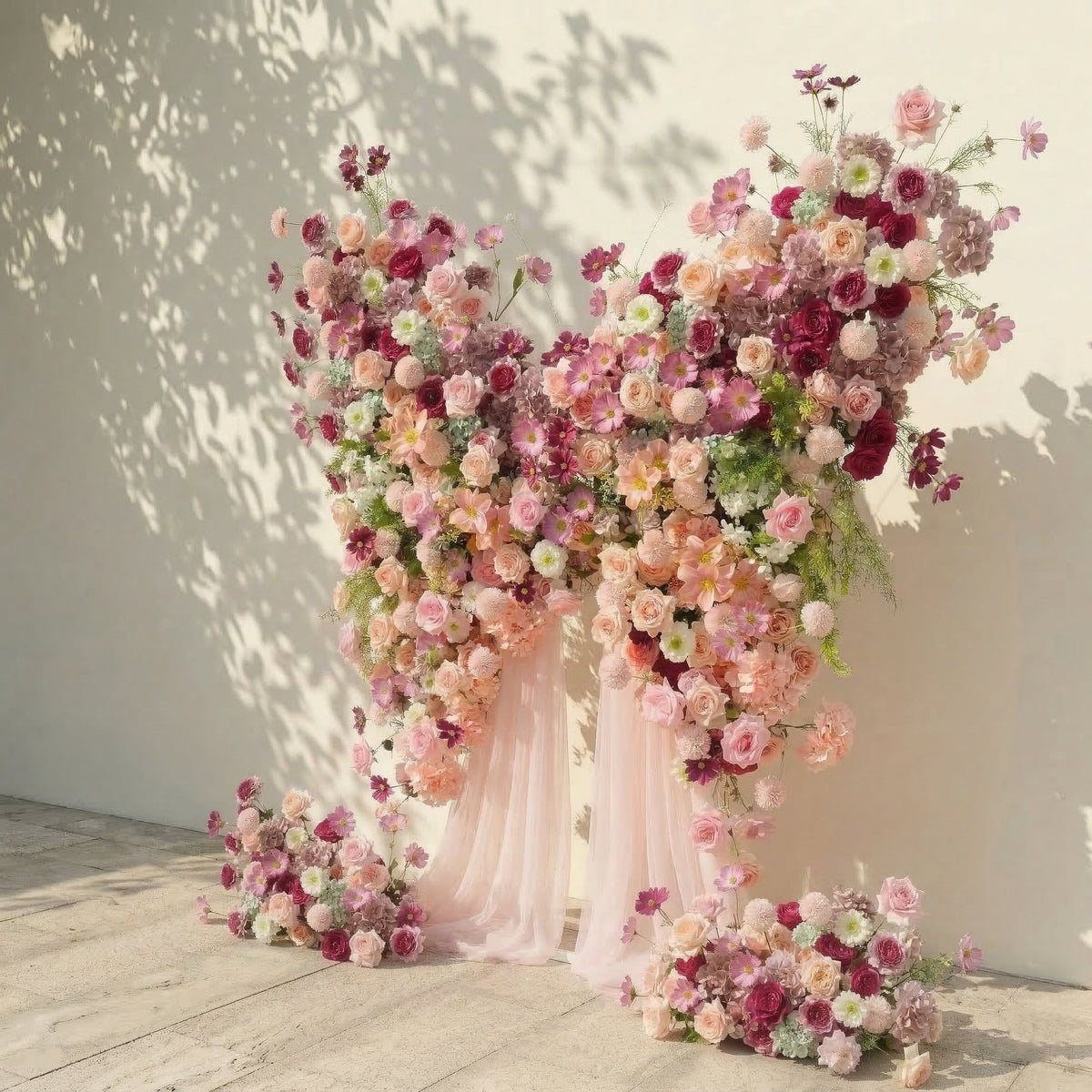 Lumeria: Exquisite Blush & Berry Butterfly-Shaped Flower Wall for Luxury Events & Parties Backdrop