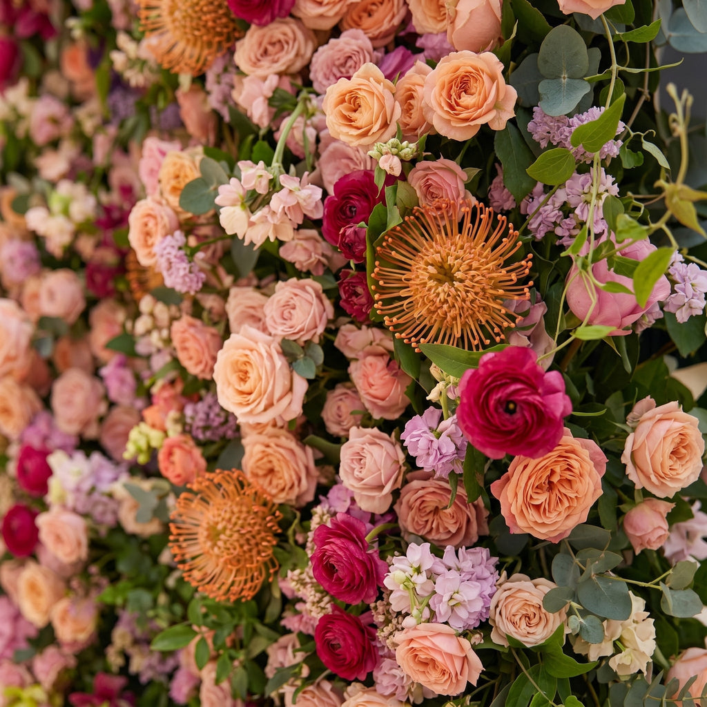 Lumvale:5D Boho Autumn Mixed Warm Tone Silk Rose Flower Wall Roll-Up Fabric Backdrop for Romantic Weddings & Proposals