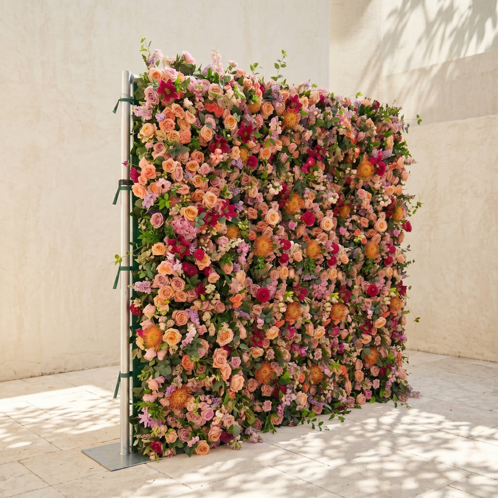 Lumvale:5D Boho Autumn Mixed Warm Tone Silk Rose Flower Wall Roll-Up Fabric Backdrop for Romantic Weddings & Proposals