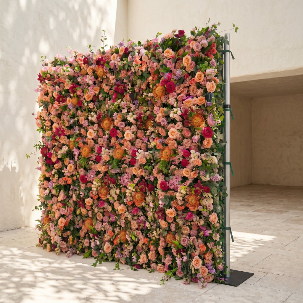 Lumvale:5D Boho Autumn Mixed Warm Tone Silk Rose Flower Wall Roll-Up Fabric Backdrop for Romantic Weddings & Proposals