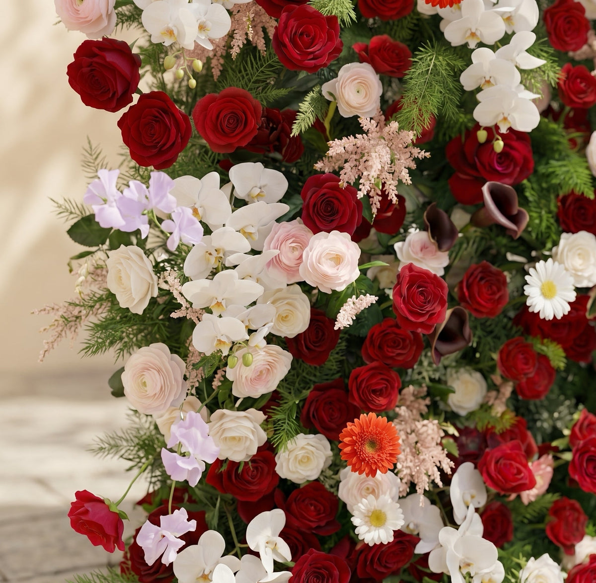 Maelelia: Premium 4D Crimson Rose & White Daisy Silk Flower Wall with Botanical Textures for Bold Branding Events