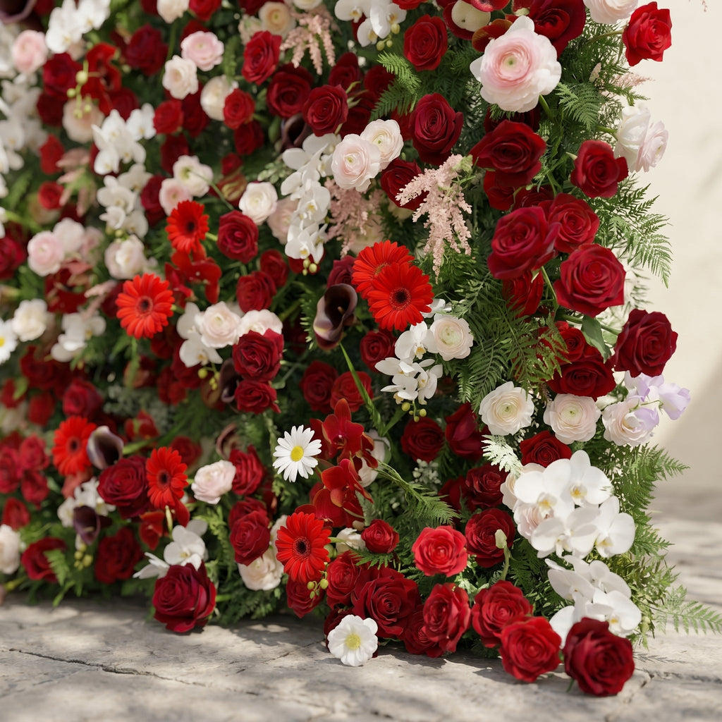 Maelelia: Premium 4D Crimson Rose & White Daisy Silk Flower Wall with Botanical Textures for Bold Branding Events