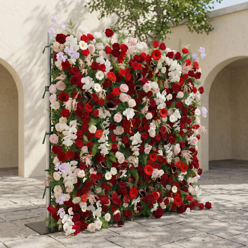 Maelelia: Premium 4D Crimson Rose & White Daisy Silk Flower Wall with Botanical Textures for Bold Branding Events