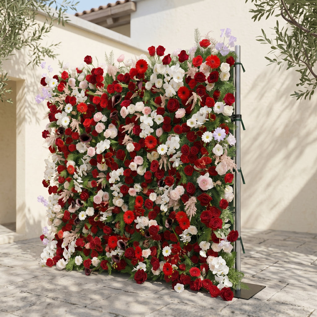 Maelelia: Premium 4D Crimson Rose & White Daisy Silk Flower Wall with Botanical Textures for Bold Branding Events