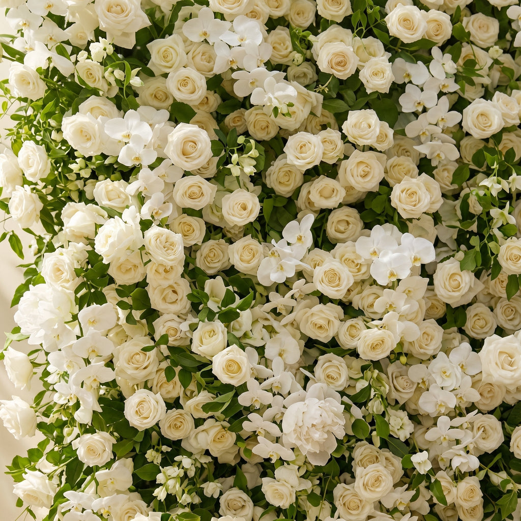 Maelette:Classic and Luxury 5D White Roses Flower Wall with Greenery for Weddings&Event Decor