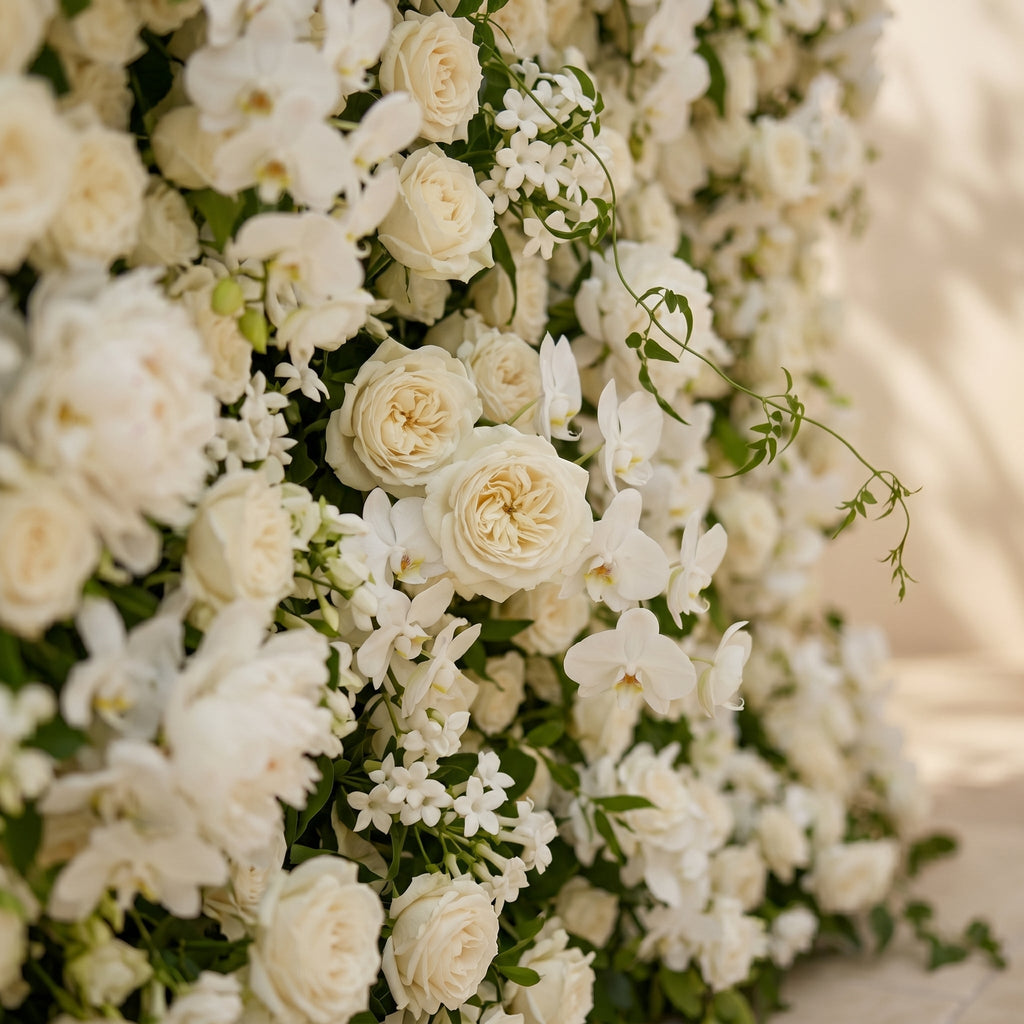 Maelette:Classic and Luxury 5D White Roses Flower Wall with Greenery for Weddings&Event Decor