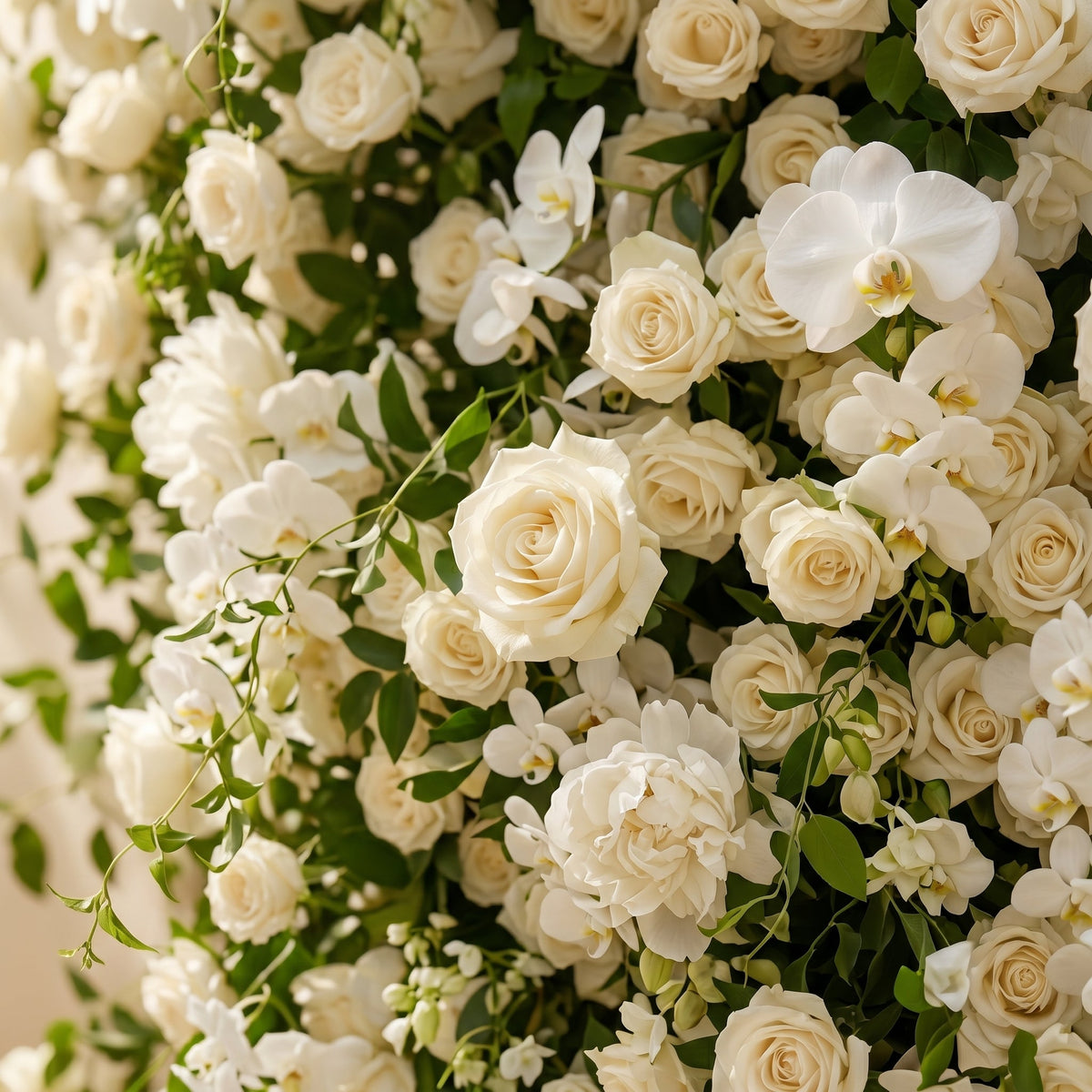 Maelette:Classic and Luxury 5D White Roses Flower Wall with Greenery for Weddings&Event Decor