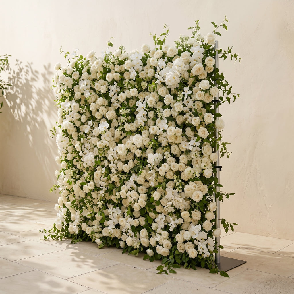 Maelette:Classic and Luxury 5D White Roses Flower Wall with Greenery for Weddings&Event Decor