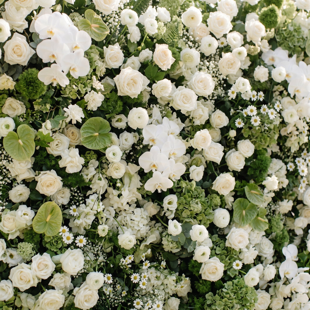Marellina:5D Green & Ivory White Silk Rose Flower Wall Roll-Up Fabric Backdrop for Romantic Weddings & Proposals