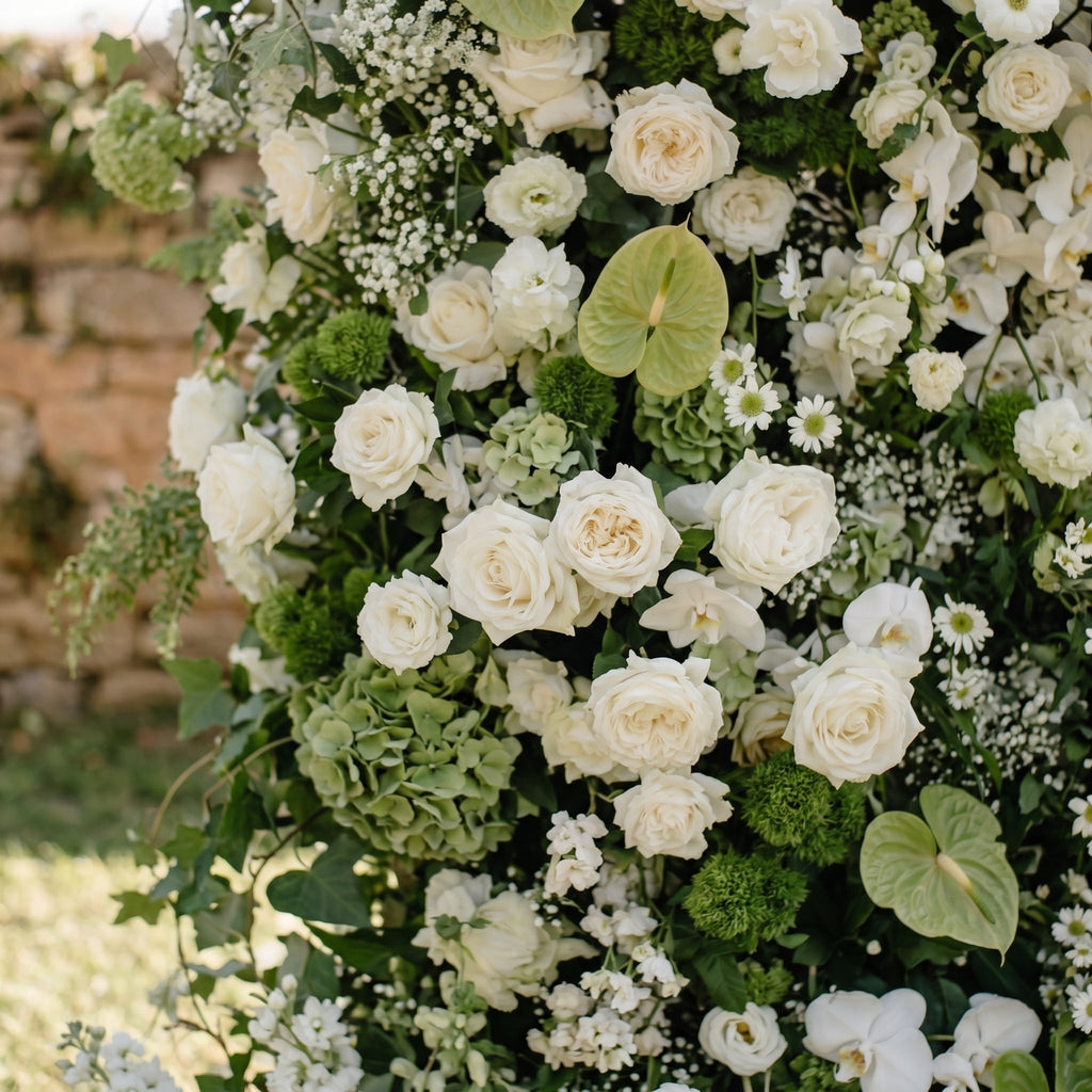 Marellina:5D Green & Ivory White Silk Rose Flower Wall Roll-Up Fabric Backdrop for Romantic Weddings & Proposals