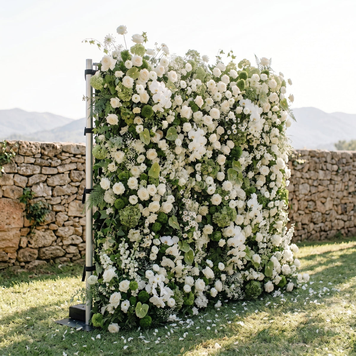 Marellina:5D Green & Ivory White Silk Rose Flower Wall Roll-Up Fabric Backdrop for Romantic Weddings & Proposals