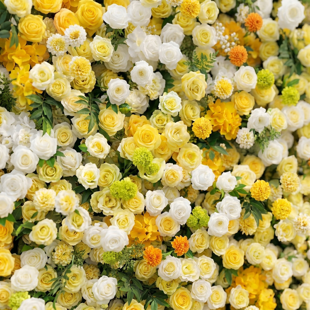 Marellyn:5D Bright Yellow & Ivory White Silk Rose Flower Wall Roll-Up Fabric Backdrop for Romantic Weddings & Proposals