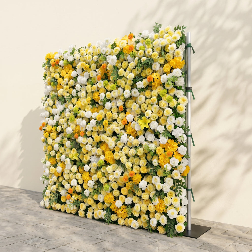 Marellyn:5D Bright Yellow & Ivory White Silk Rose Flower Wall Roll-Up Fabric Backdrop for Romantic Weddings & Proposals