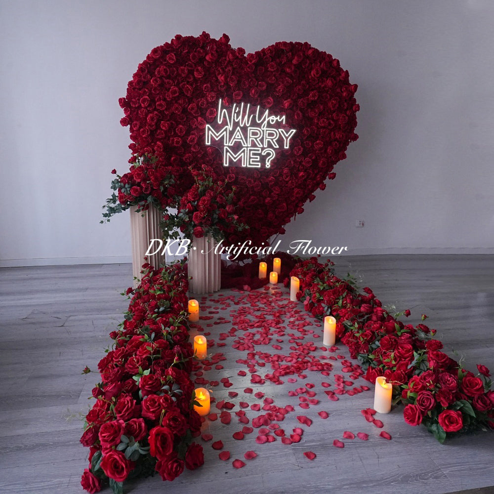 Marriage Decor Red Heart Shaped Floral Wall Backdrop Panel 3D Artificial Silk Rose Flower Wall for Marry Me Wedding Proposal Free Shipping