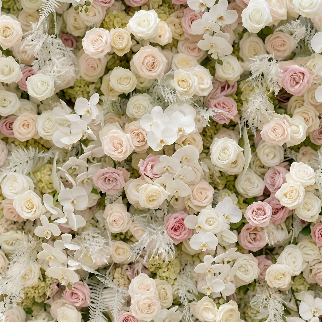 Mavenena:5D Neutral Cream Blush Pink & Ivory White Silk Rose Flower Wall Roll-Up Fabric Backdrop for Romantic Weddings & Proposals