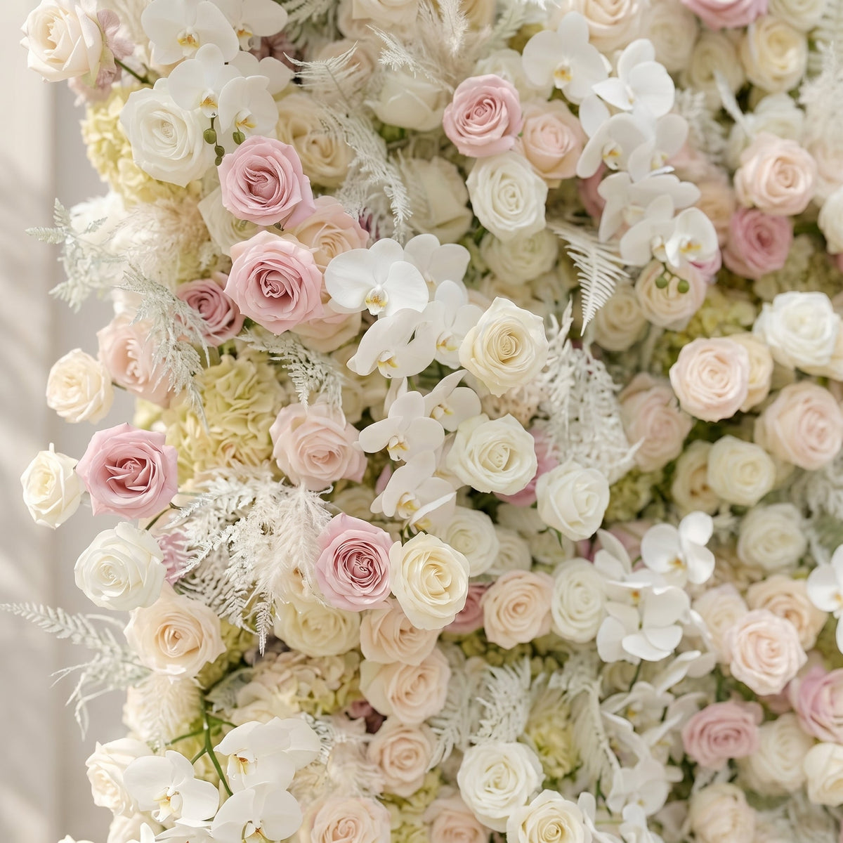 Mavenena:5D Neutral Cream Blush Pink & Ivory White Silk Rose Flower Wall Roll-Up Fabric Backdrop for Romantic Weddings & Proposals