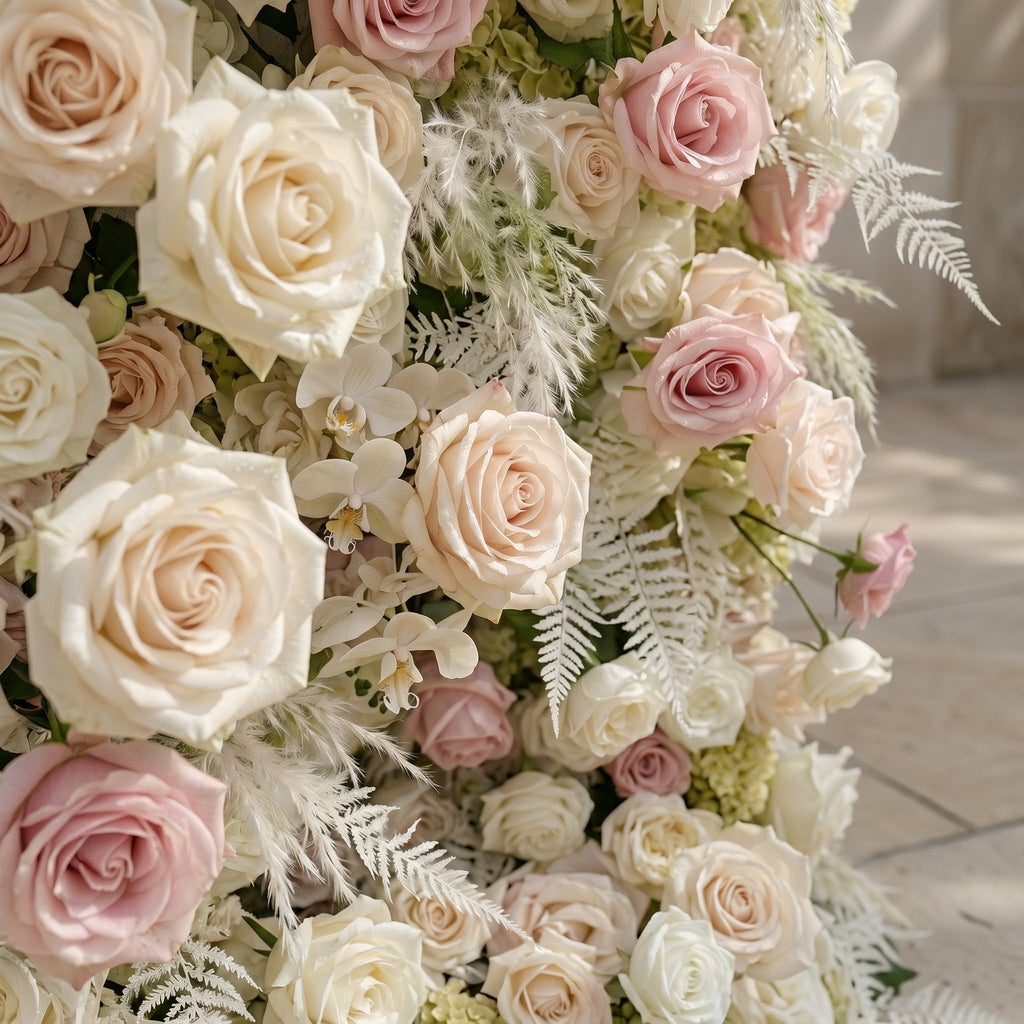 Mavenena:5D Neutral Cream Blush Pink & Ivory White Silk Rose Flower Wall Roll-Up Fabric Backdrop for Romantic Weddings & Proposals
