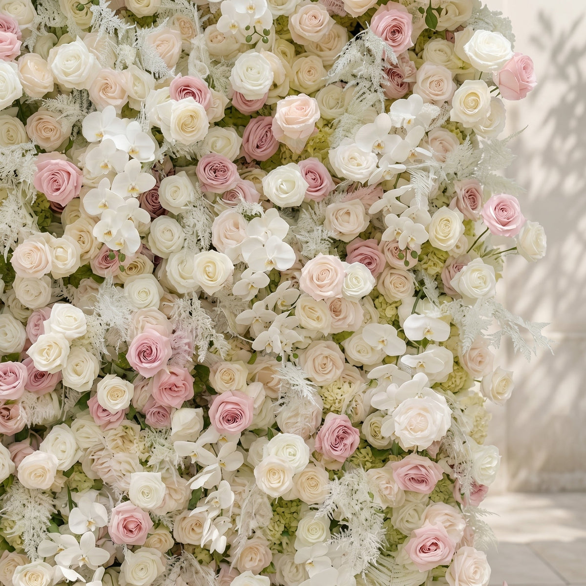 Mavenena:5D Neutral Cream Blush Pink & Ivory White Silk Rose Flower Wall Roll-Up Fabric Backdrop for Romantic Weddings & Proposals