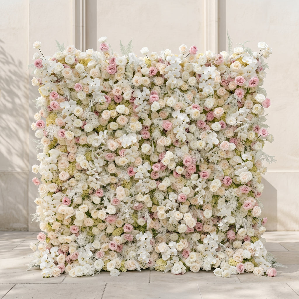 Mavenena:5D Neutral Cream Blush Pink & Ivory White Silk Rose Flower Wall Roll-Up Fabric Backdrop for Romantic Weddings & Proposals