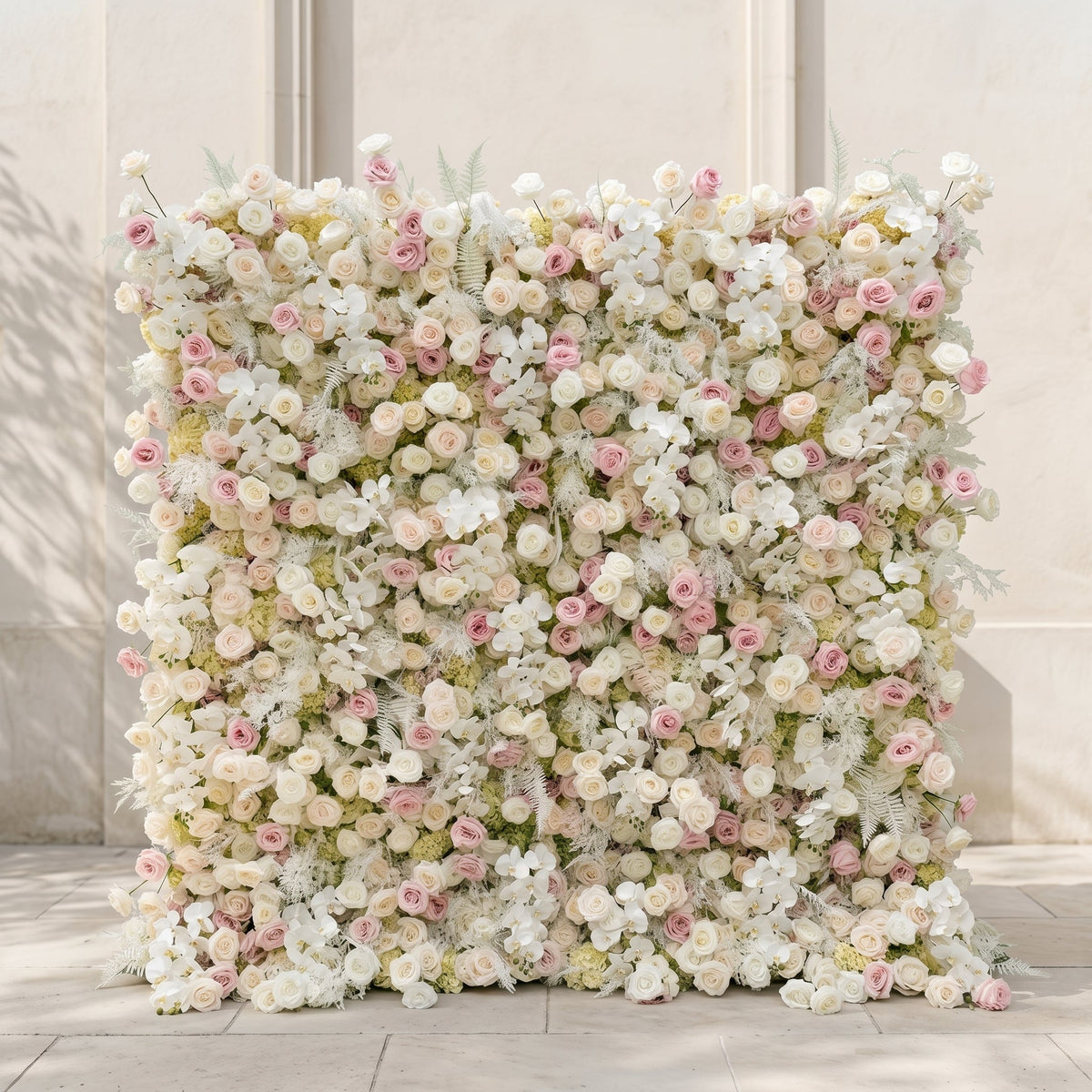Mavenena:5D Neutral Cream Blush Pink & Ivory White Silk Rose Flower Wall Roll-Up Fabric Backdrop for Romantic Weddings & Proposals