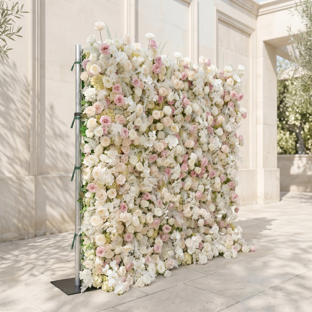 Mavenena:5D Neutral Cream Blush Pink & Ivory White Silk Rose Flower Wall Roll-Up Fabric Backdrop for Romantic Weddings & Proposals