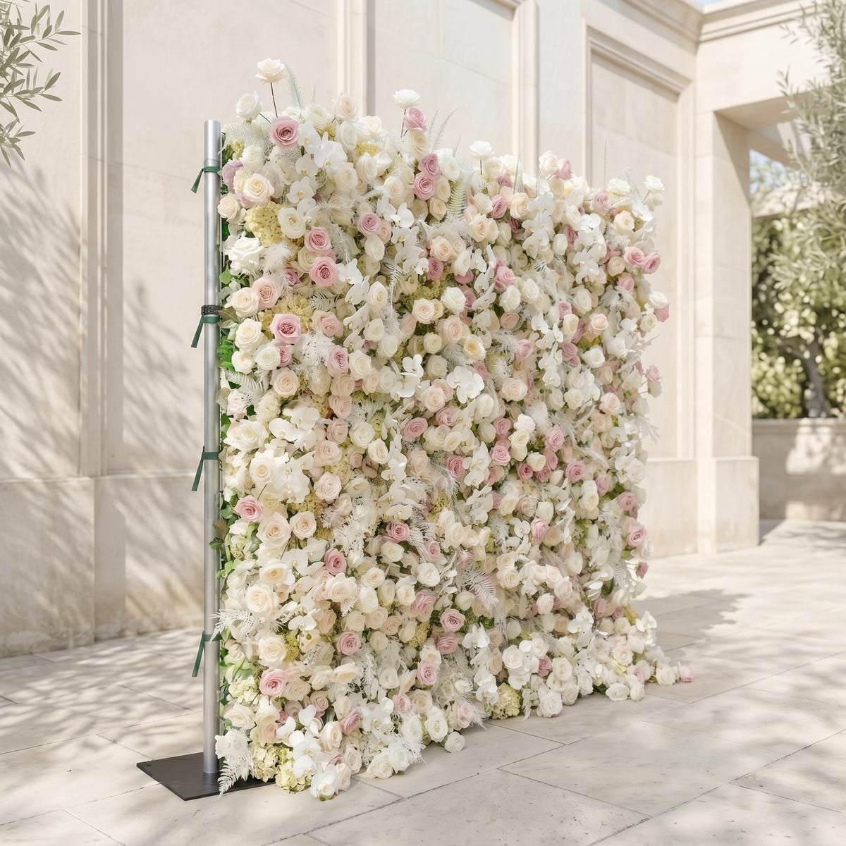 Mavenena:5D Neutral Cream Blush Pink & Ivory White Silk Rose Flower Wall Roll-Up Fabric Backdrop for Romantic Weddings & Proposals