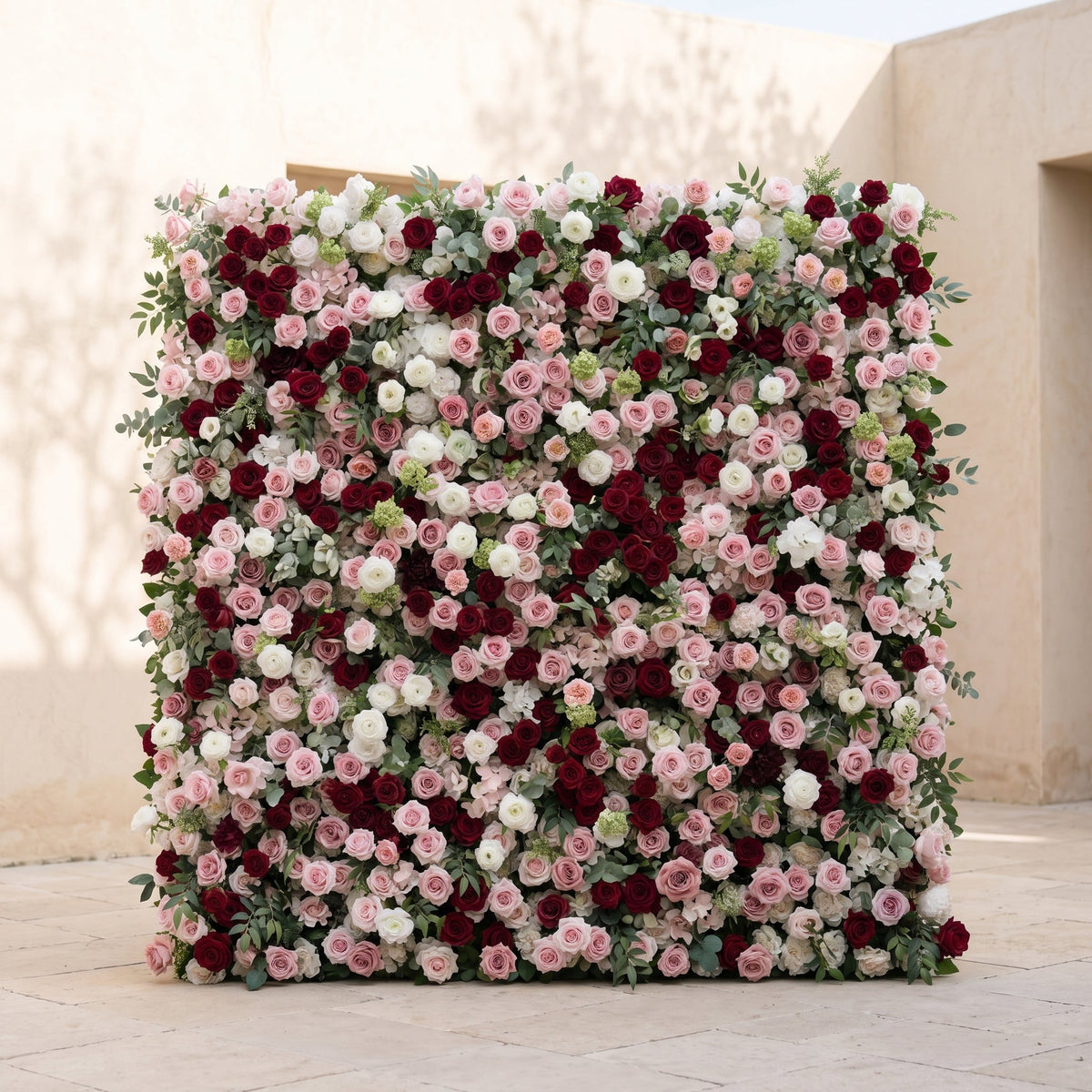 Mavenrella:5D Burgundy Red, Blush Pink & Ivory White Silk Rose Flower Wall Roll-Up Fabric Backdrop for Romantic Weddings & Proposals