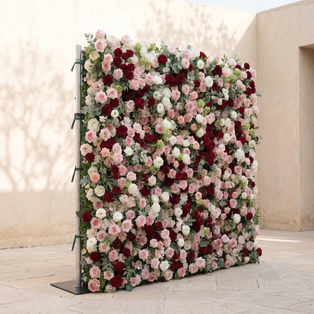 Mavenrella:5D Burgundy Red, Blush Pink & Ivory White Silk Rose Flower Wall Roll-Up Fabric Backdrop for Romantic Weddings & Proposals